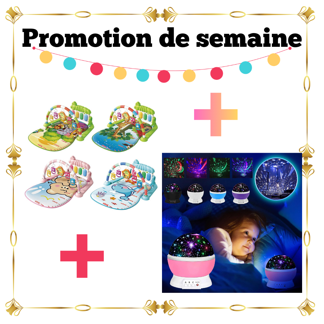 Pack Bébé 2 Articles – Tapis d’Éveil Piano Musical + Veilleuse Rotative Nuit Étoilée
