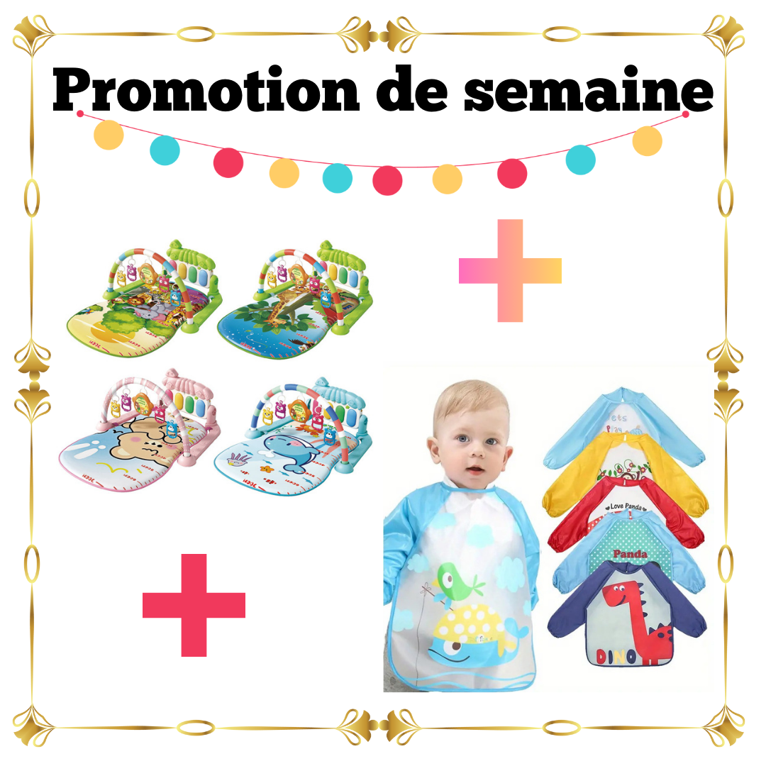 Pack Bébé 2 Articles – Tapis d’Éveil Piano Musical + Bavoirs à manche