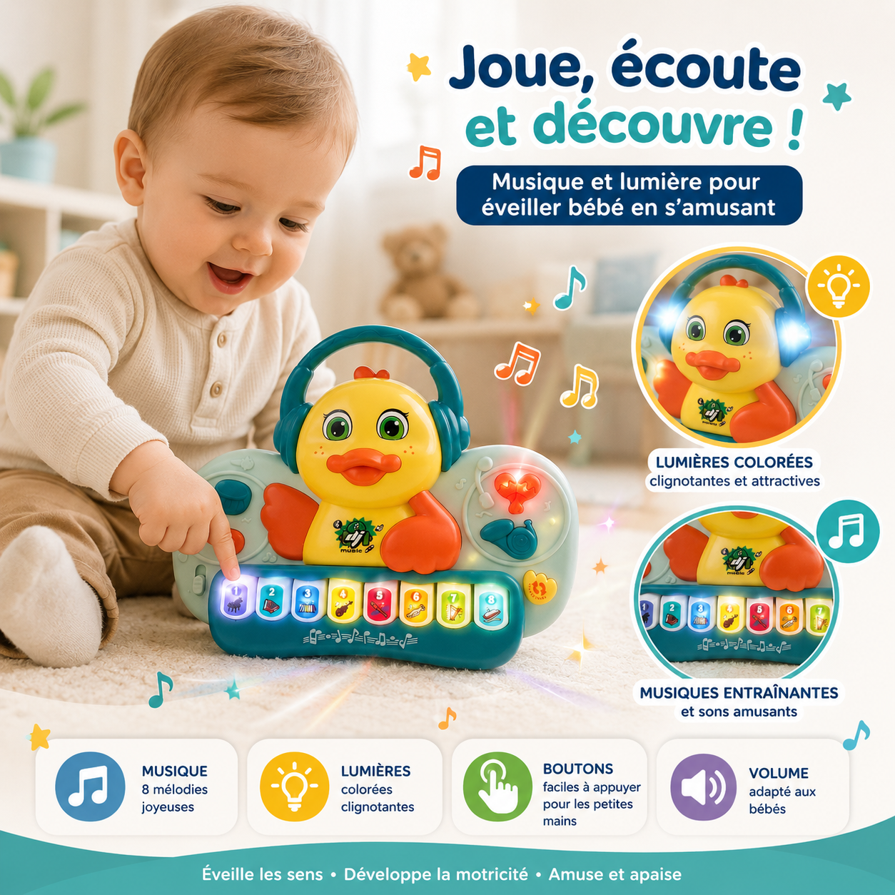Piano Canard Musical avec Lumières – Jouet Éducatif Enfant