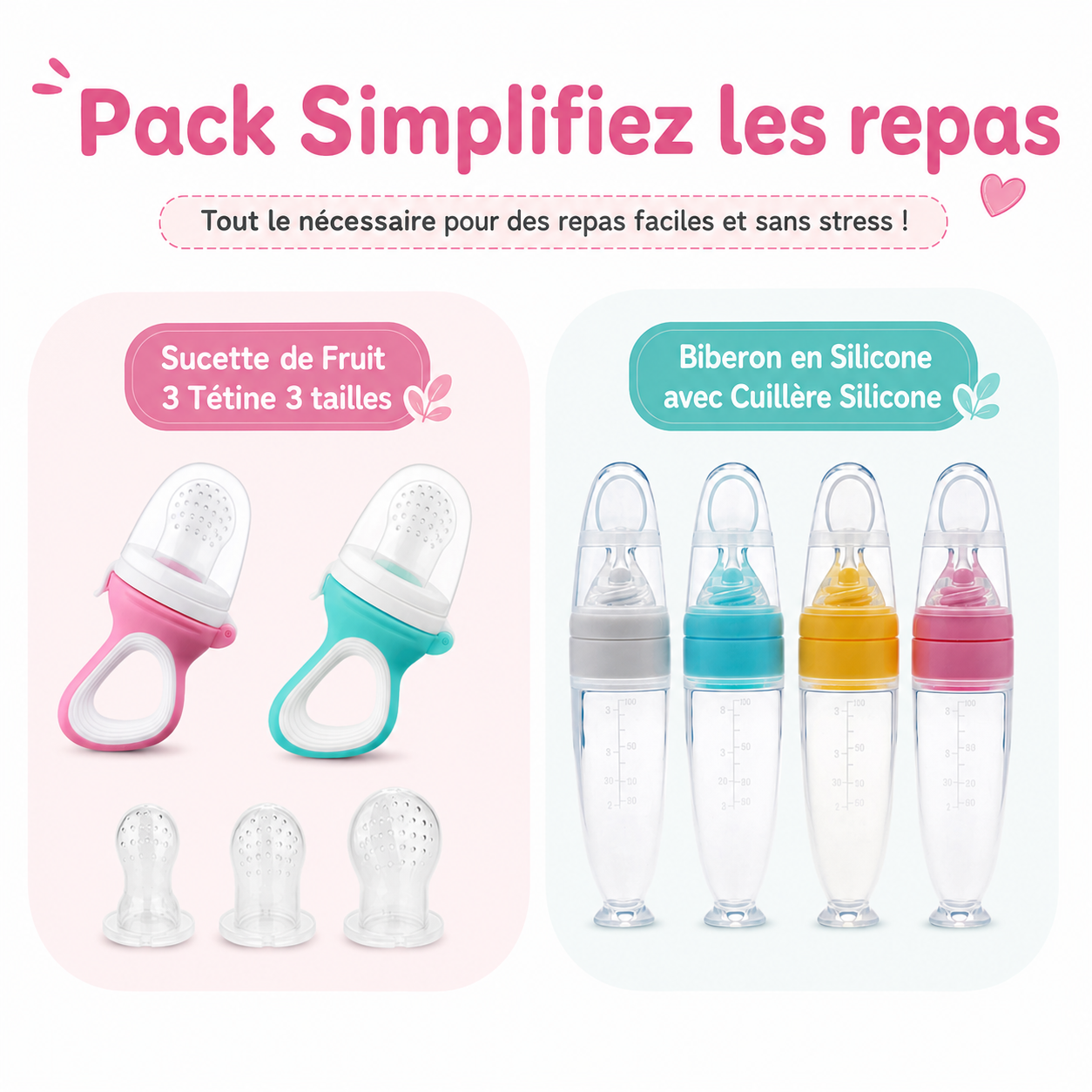 Pack Promo Bébé 2 en 1 – Biberon Silicone avec Cuillère + Sucette Fruit 3 Tétines