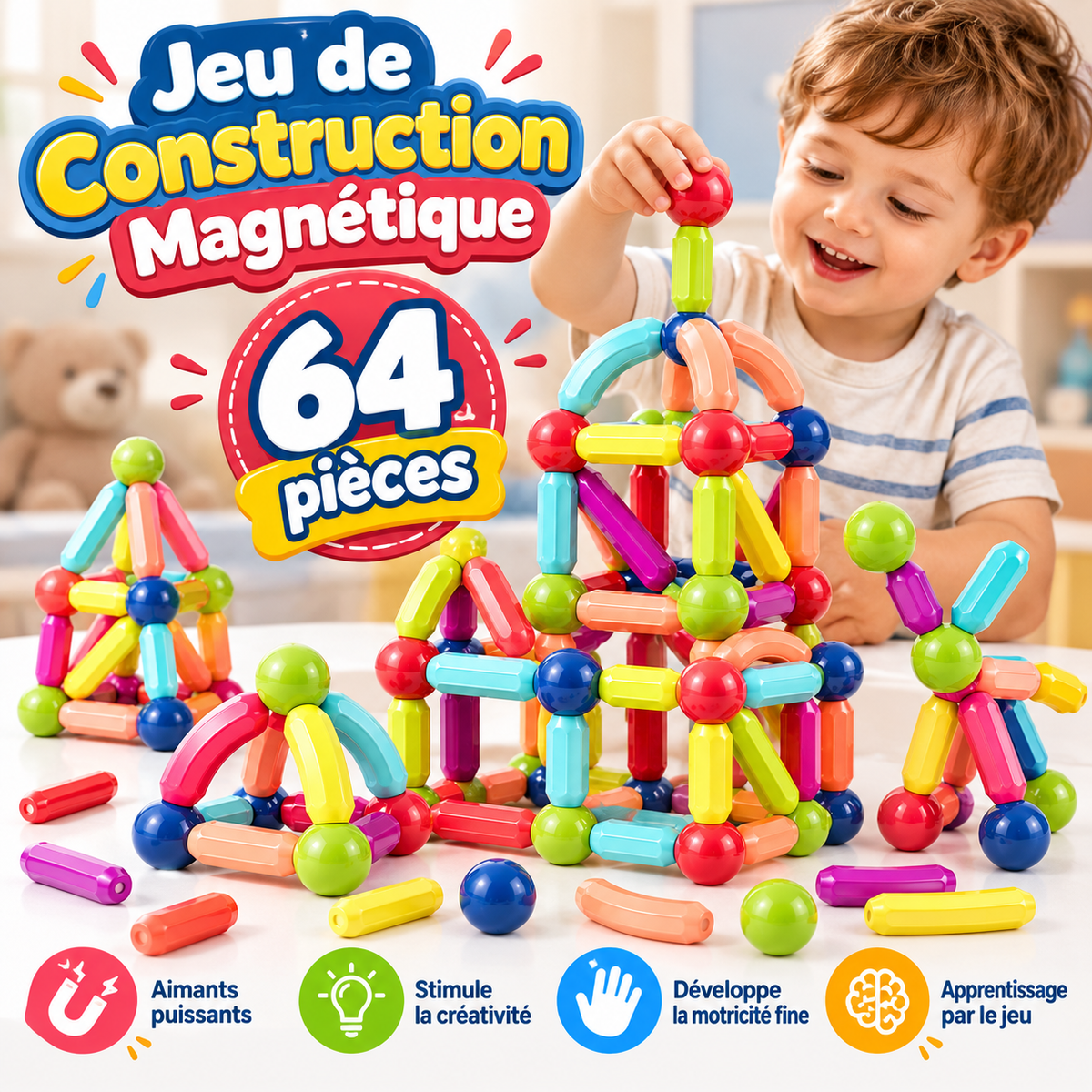 Jeu de Construction Montessori de bâtons magnétiques 64 pièces