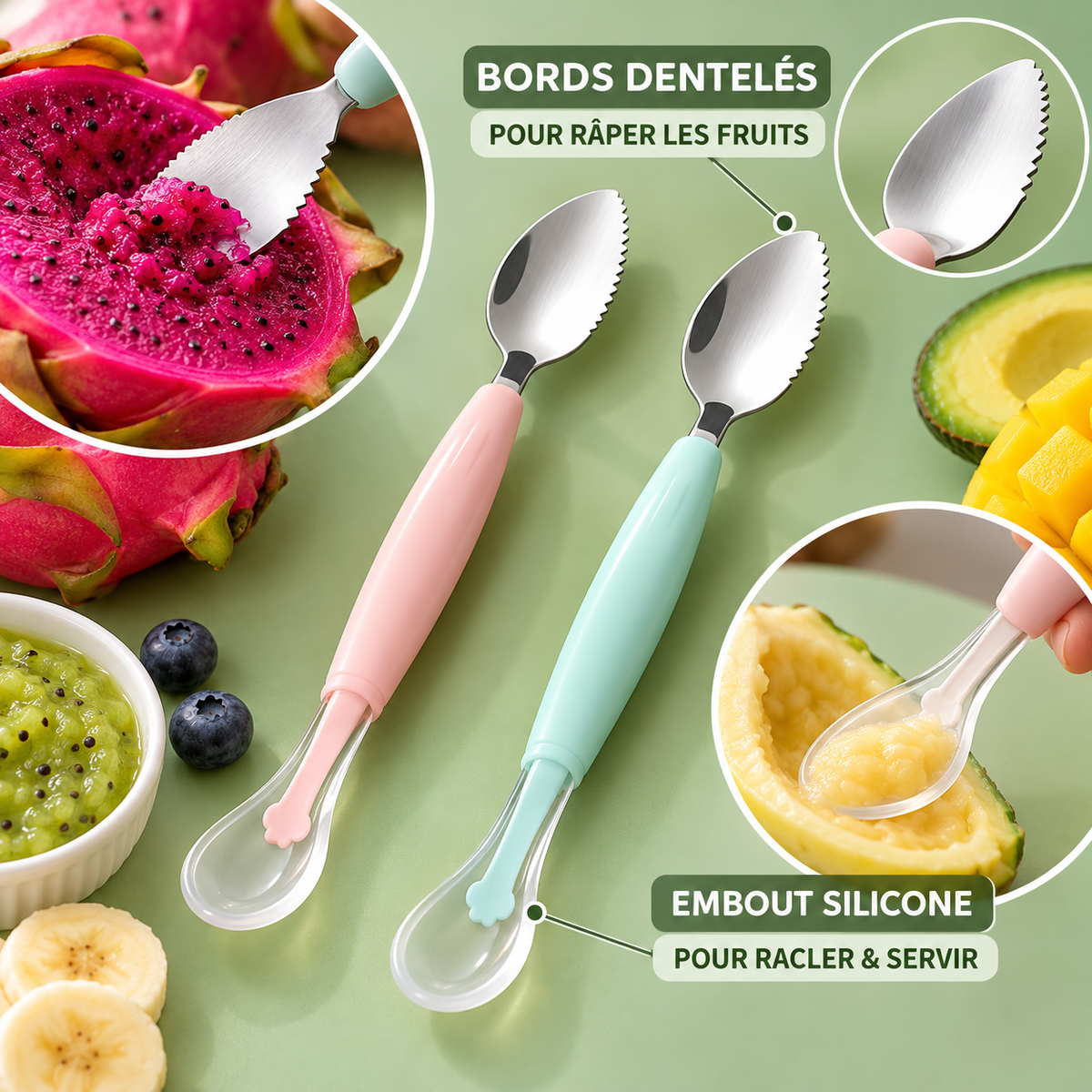 Cuillère Bébé 2-en-1 en Inox et Silicone – Râpe à Fruits et Cuillère de Purée