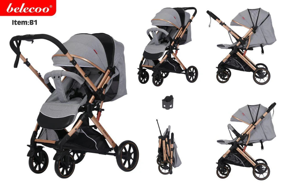 Poussette Bébé Belecoo B1 – Luxe, Confort & Pliage Rapide gris