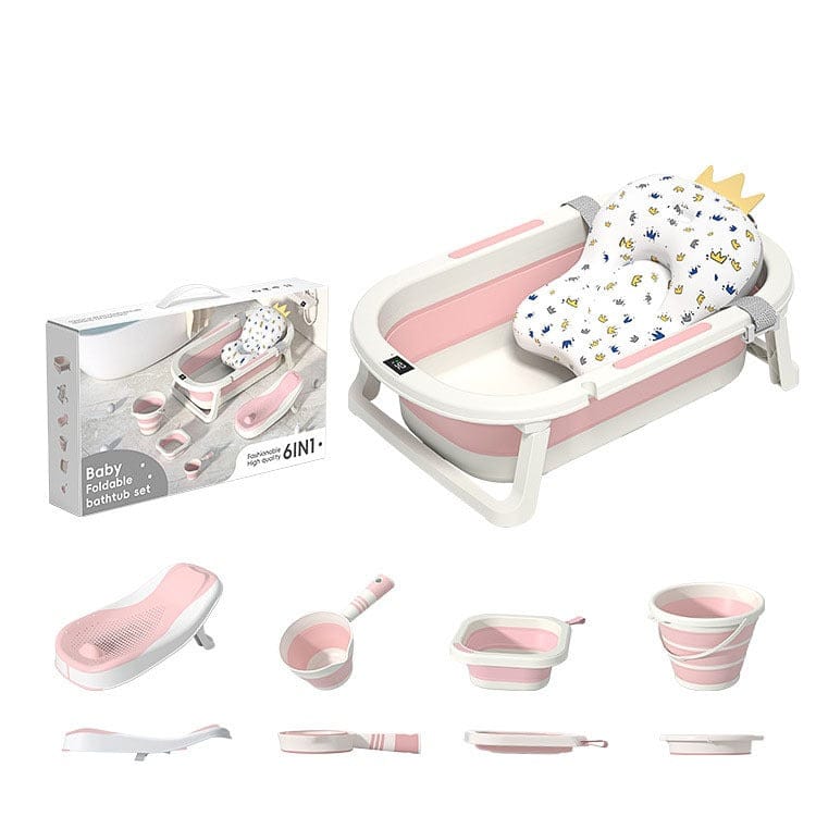 Baignoire Bébé Pliable Multifonction 6-en-1 avec Thermomètre Intégré et Coussin Flottant