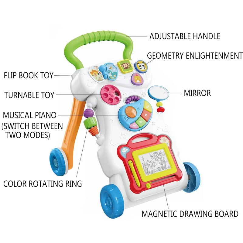 Trotteur Bébé Évolutif 2-en-1 avec Tableau d’Activités, Piano Musical et Table de Jeux