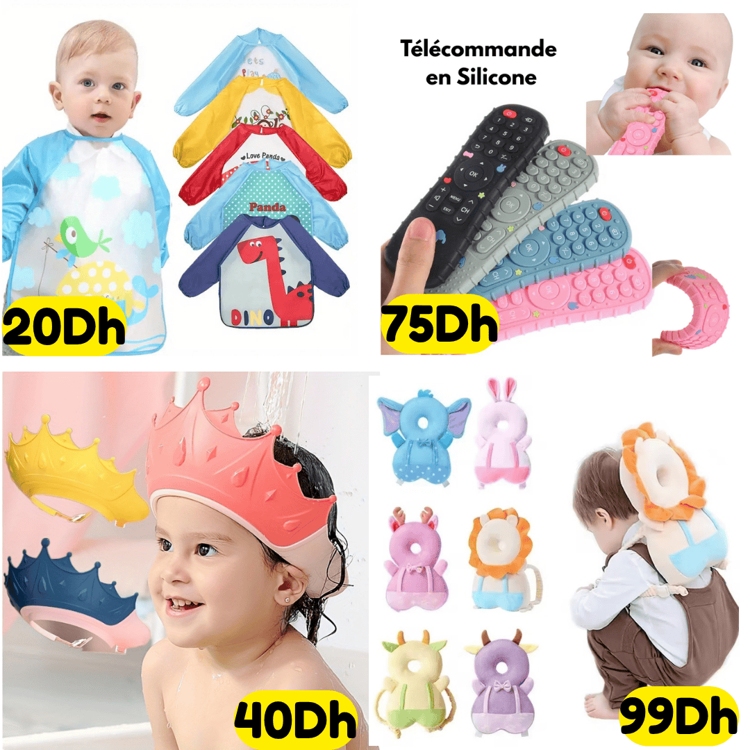 Pack Bébé 4 articles – Télécommande de dentition + Bavoir à manches + Bonnet de douche + Coussin de protection tête