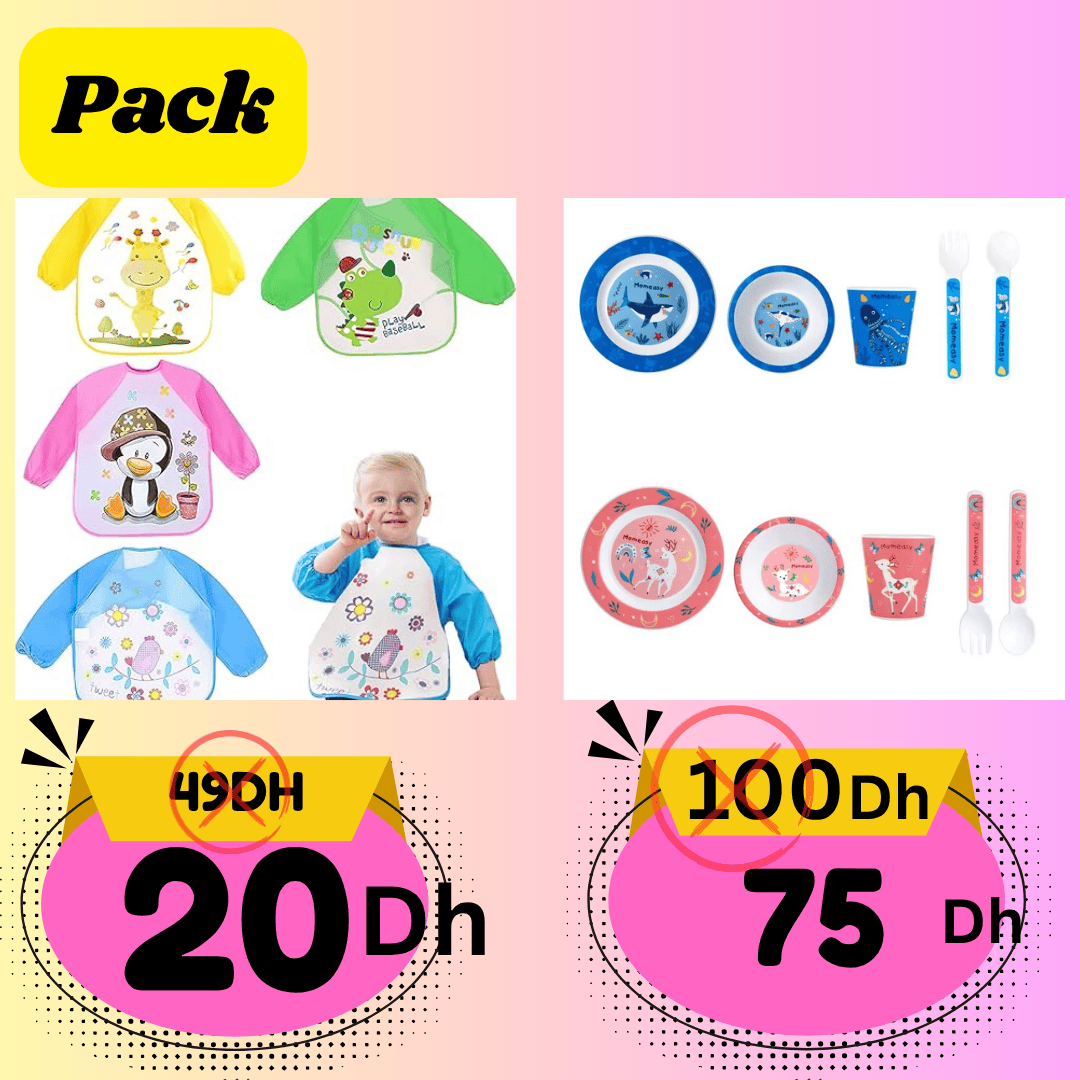 Pack Bébé – Set Repas 5 Pièces Sans BPA + Bavoir à Manches Longues