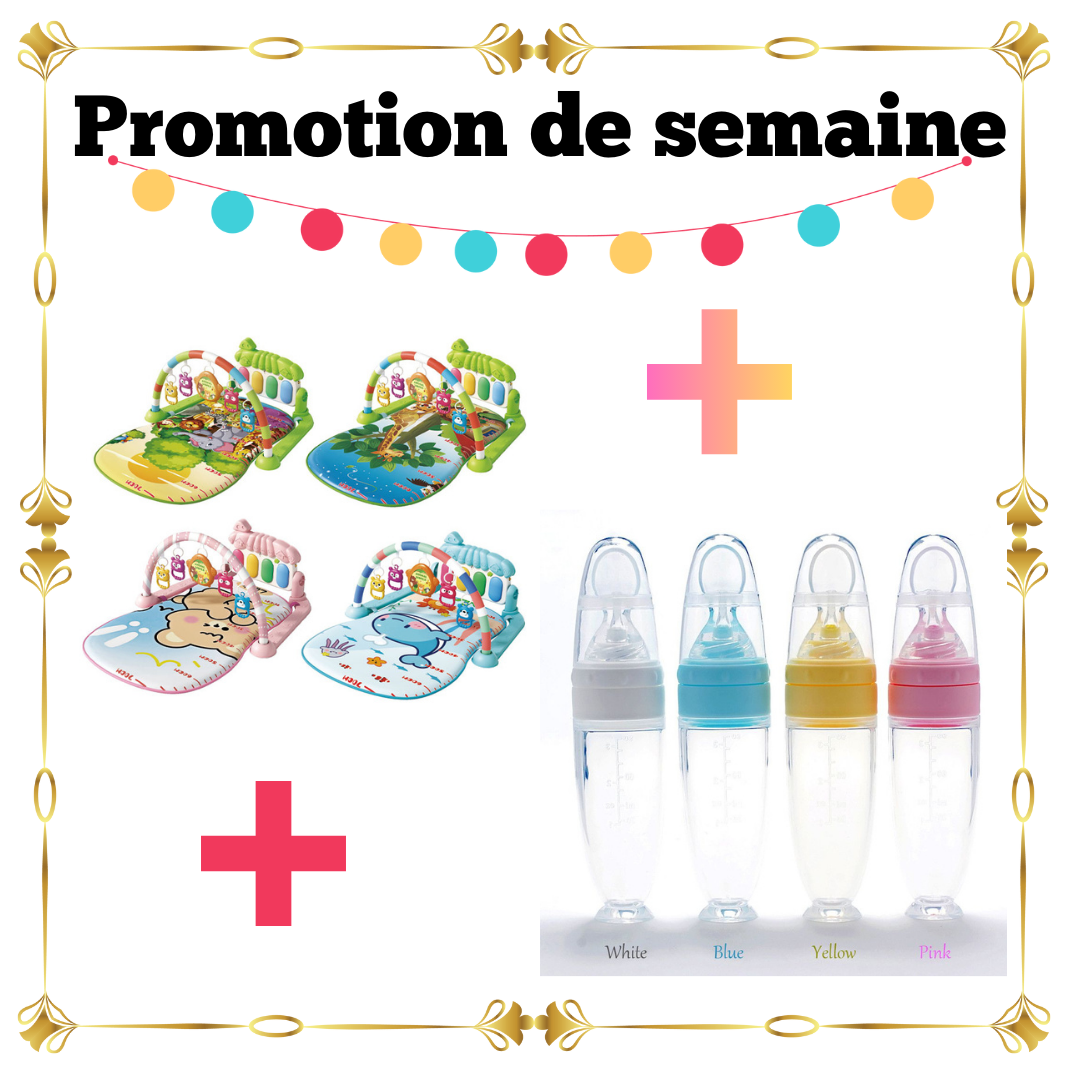 Pack Bébé 2 Articles – Tapis d’Éveil Piano Musical + Biberon Silicone avec Cuillère