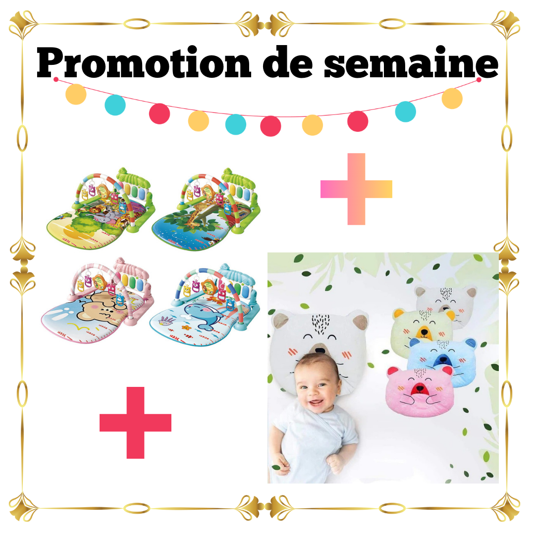 Pack Bébé 2 Articles – Tapis d’Éveil Piano Musical + Coussin Oreiller Bébé