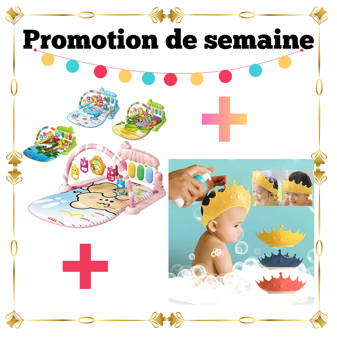 Pack Bébé 2 Articles – Tapis d’Éveil Piano Musical + Bonnet de Douche Bébé