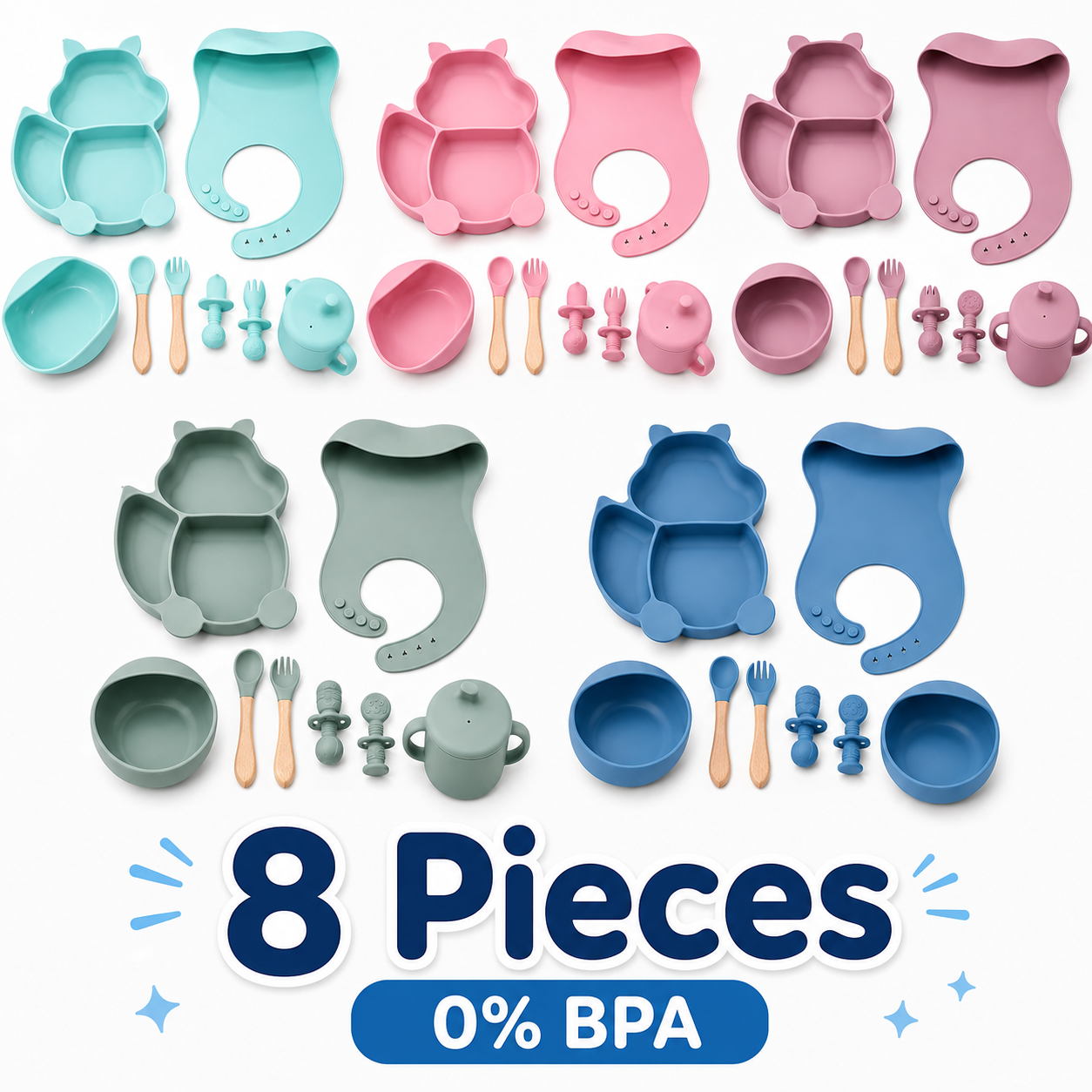 Set Repas Bébé en Silicone Sans BPA – Ensemble d’Alimentation 8 Pièces