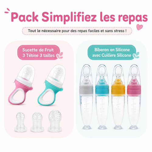 Pack Promo Bébé 2 en 1 – Biberon Silicone avec Cuillère + Sucette Fruit 3 Tétines