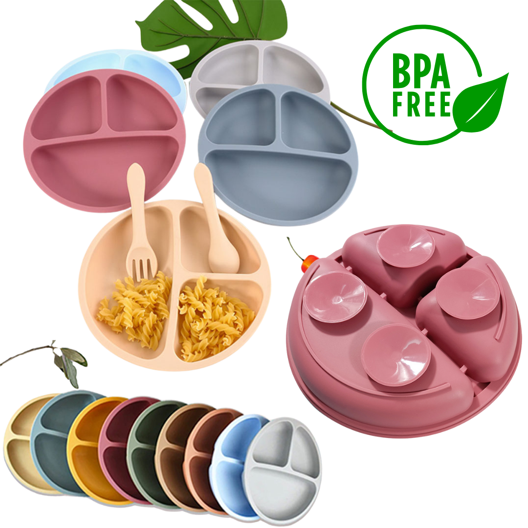 Assiette Bébé en Silicone avec Ventouse + Cuillère & Fourchette