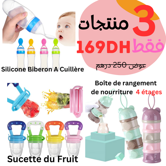 Pack 3 Articles (Silicone Biberon A Cuillère  + Sucette du Fruit +Boîte de rangement  4 étages)