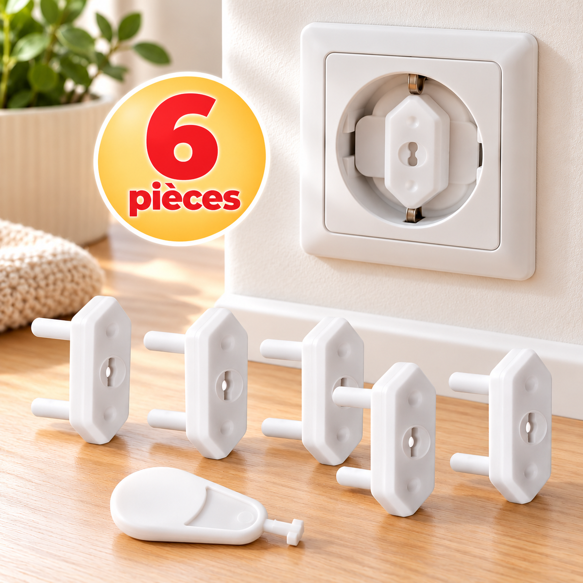 Cache-Prises de Sécurité Bébé avec Clé de Retrait – Lot de 6