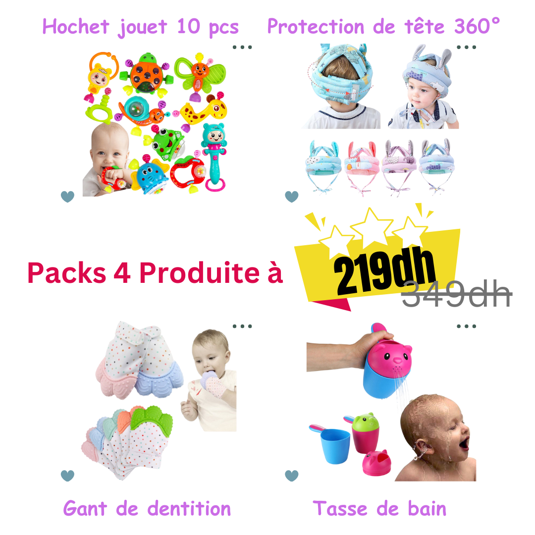 Packs de 4 Produits (Hochet jouet 10 pcs+ Protection de tête 360° +Gant de dentition + Tasse de bain )