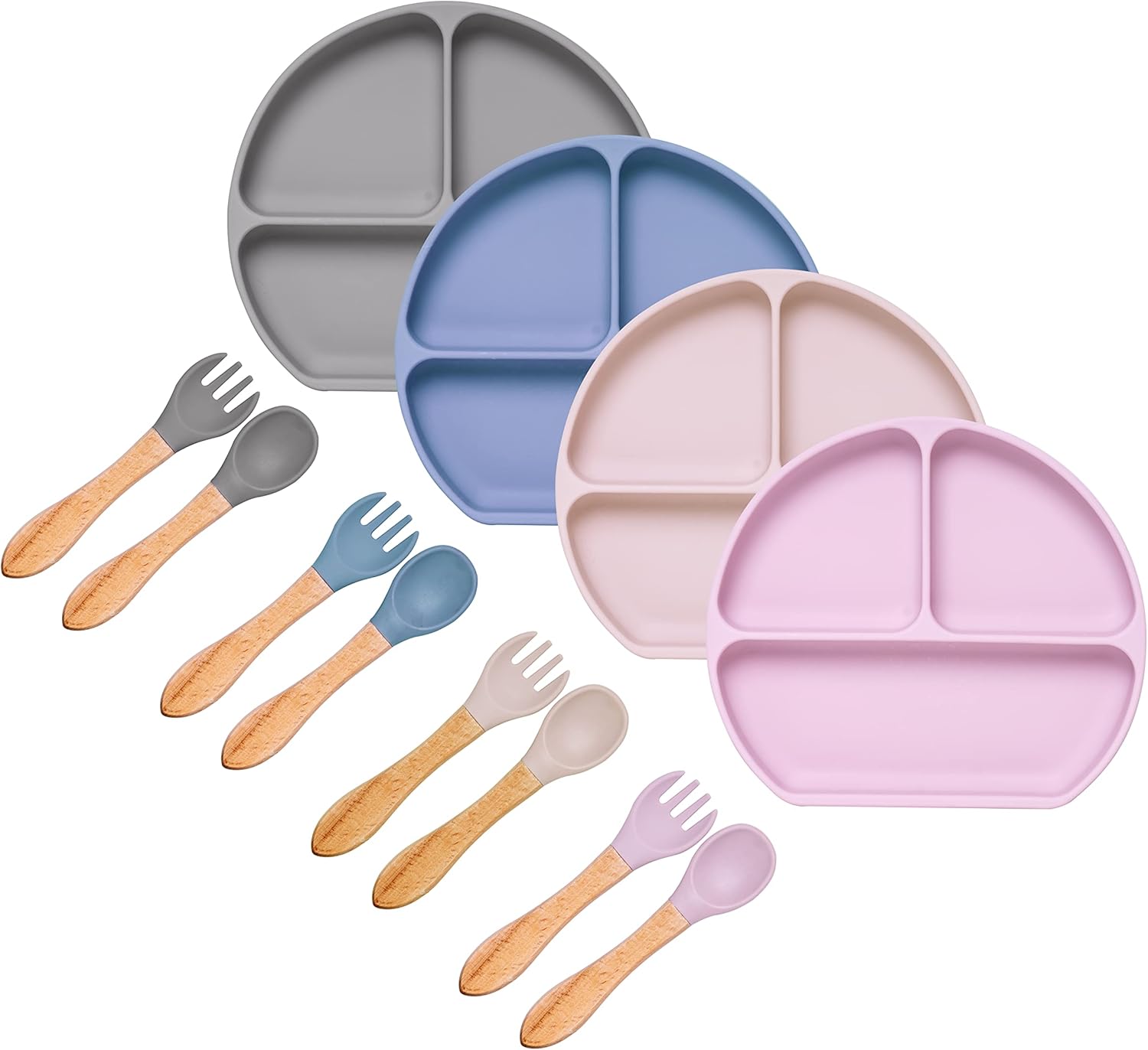 Assiette Bébé à ventouse en silicone de qualité alimentaire  + Fourchette et Cuillère