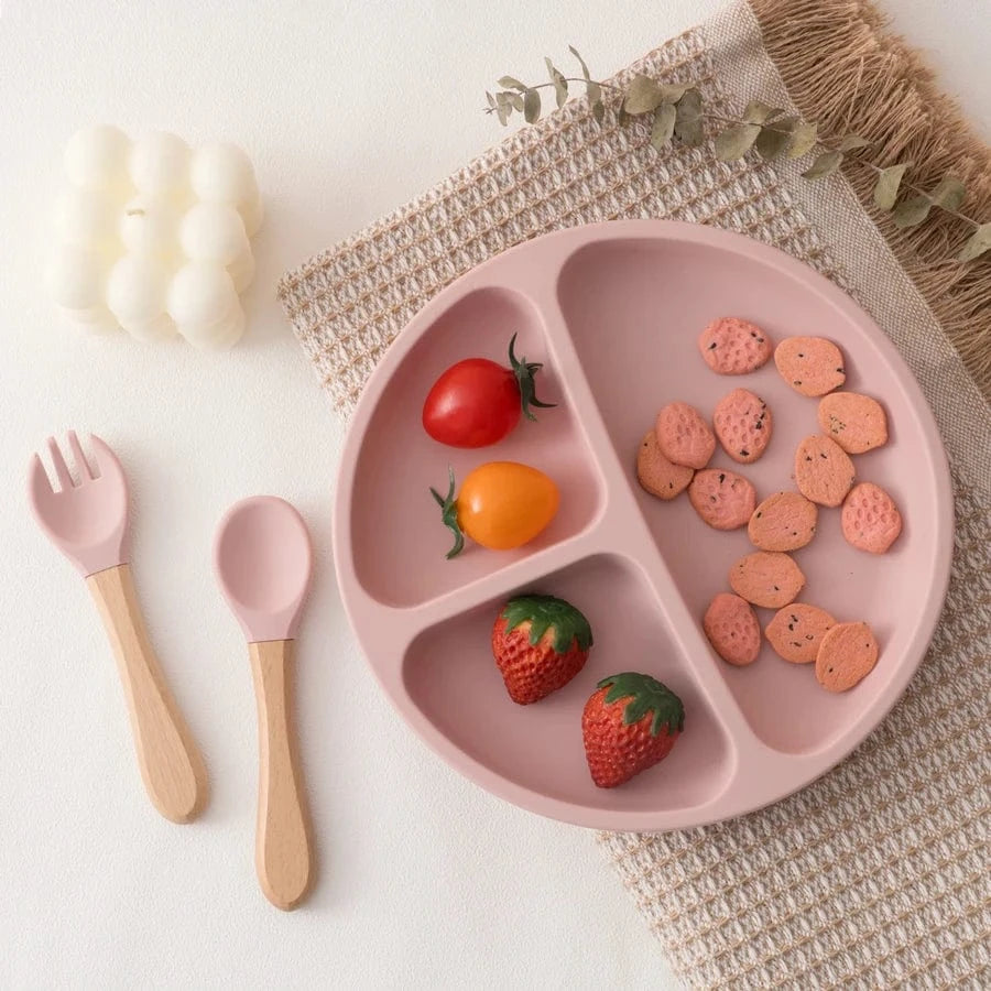 Set Assiette Bébé Avec Ventouse - Silicone, Sans BPA, Avec Cuillère-fourchette, 3 Compartiments - 3