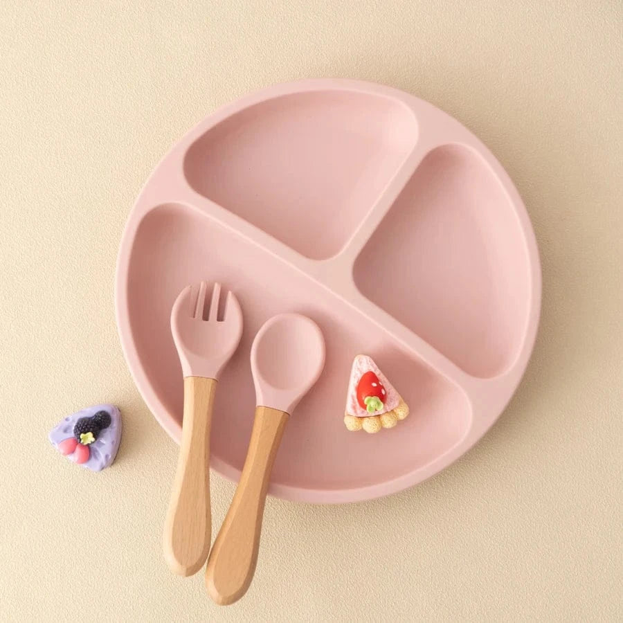 Assiette Bébé à ventouse en silicone de qualité alimentaire  + Fourchette et Cuillère