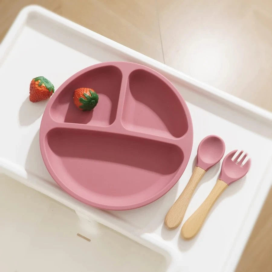 Assiette Bébé à ventouse en silicone de qualité alimentaire  + Fourchette et Cuillère
