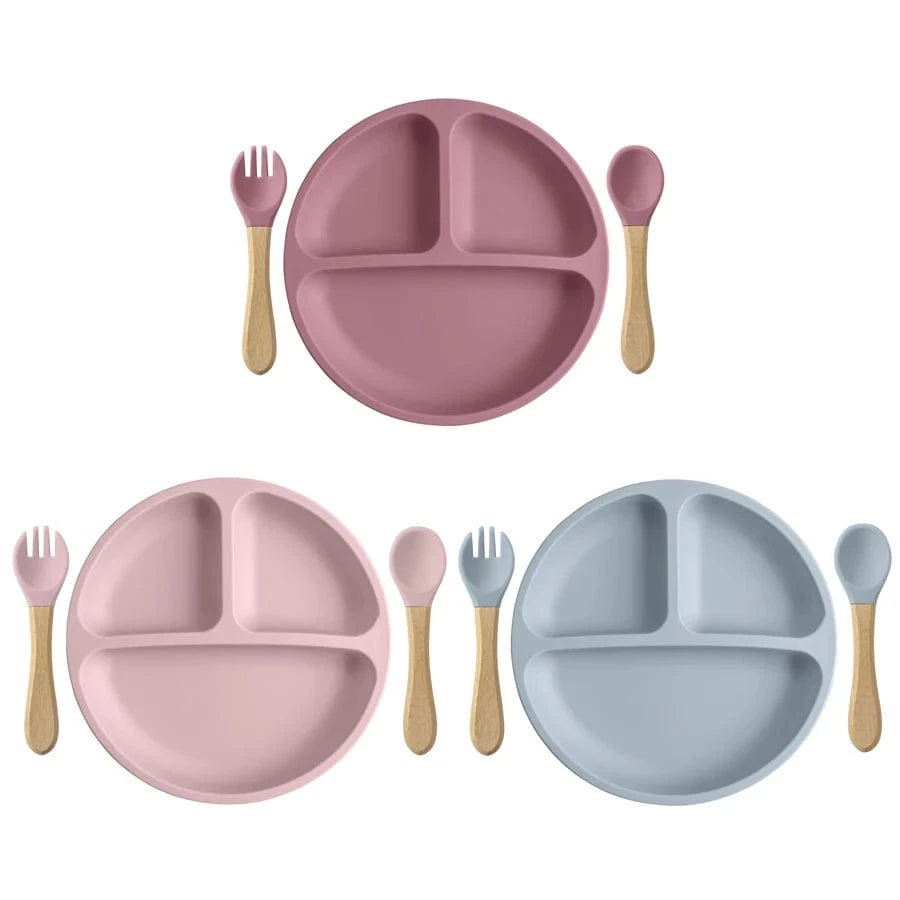 Assiette Bébé à ventouse en silicone de qualité alimentaire  + Fourchette et Cuillère
