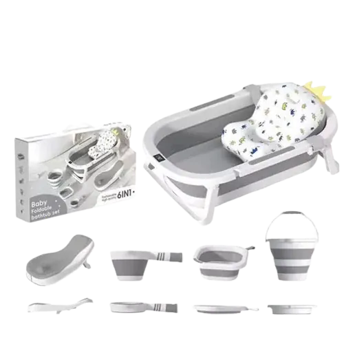 Baignoire Bébé Pliable Multifonction 6-en-1 avec Thermomètre Intégré et Coussin Flottant