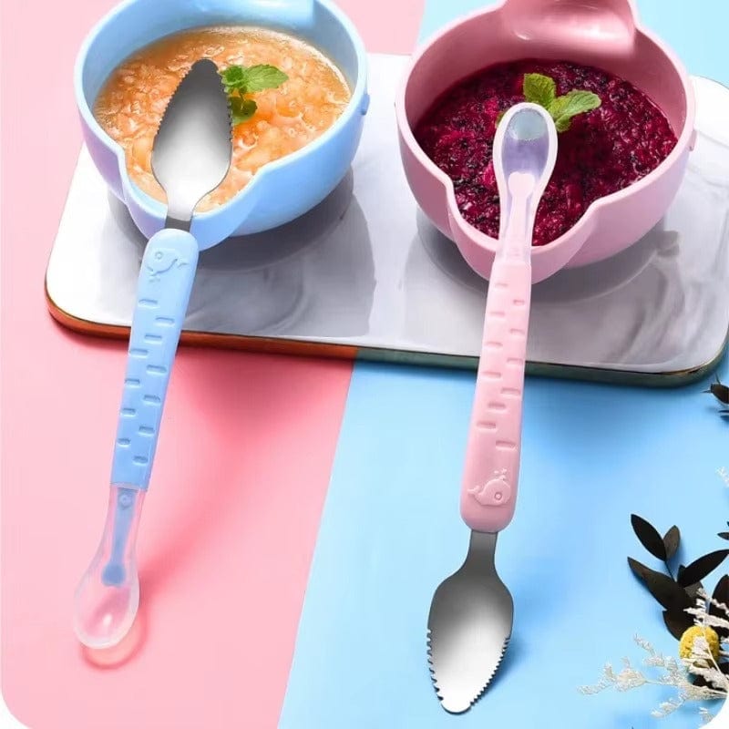Cuillère Bébé Double Tête – Silicone Souple & Acier Inoxydable