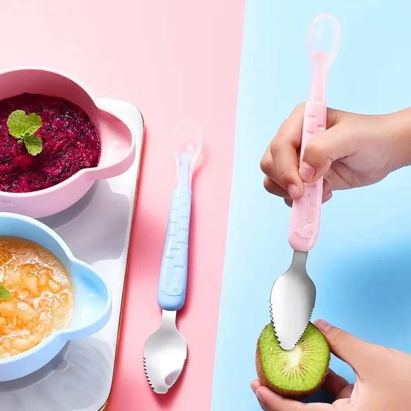 Cuillère Bébé Double Tête – Silicone Souple & Acier Inoxydable