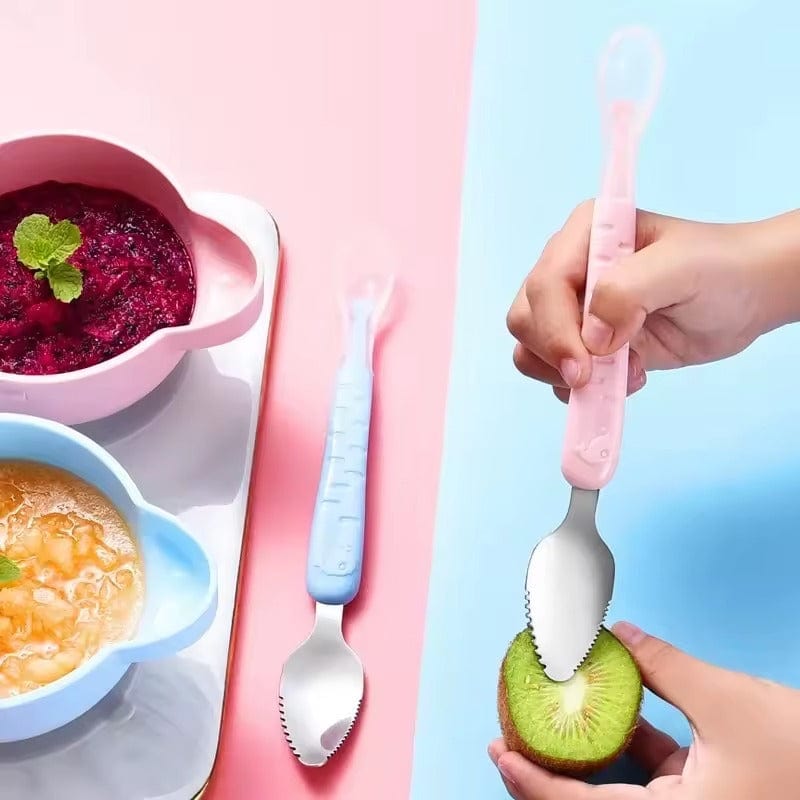 Cuillère Bébé Double Tête – Silicone Souple & Acier Inoxydable