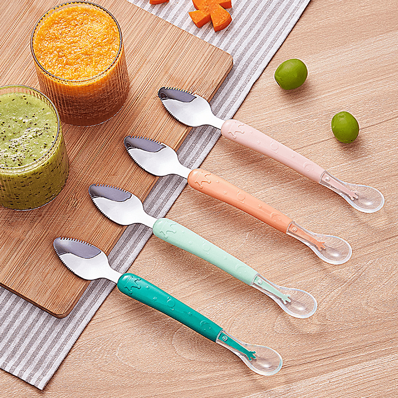 Cuillère Bébé Double Tête – Silicone Souple & Acier Inoxydable