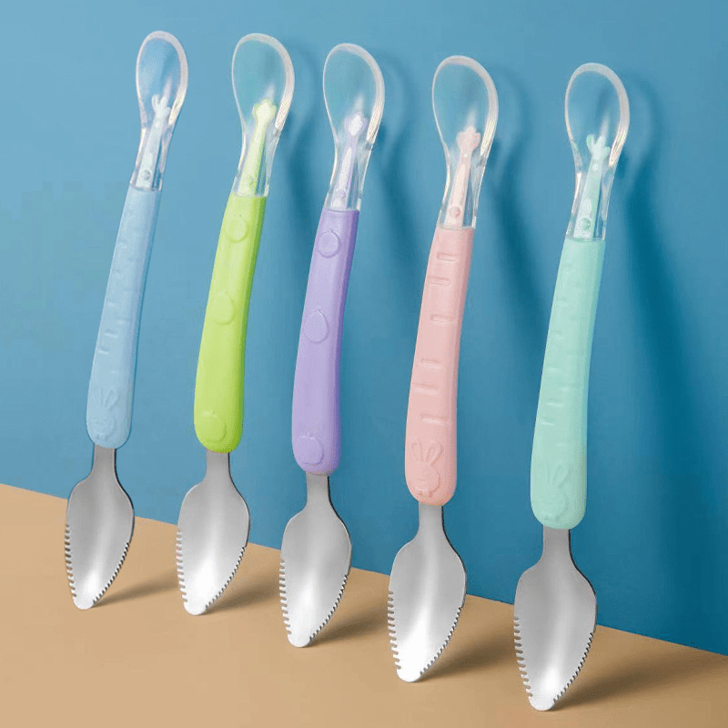 Cuillère Bébé Double Tête – Silicone Souple & Acier Inoxydable