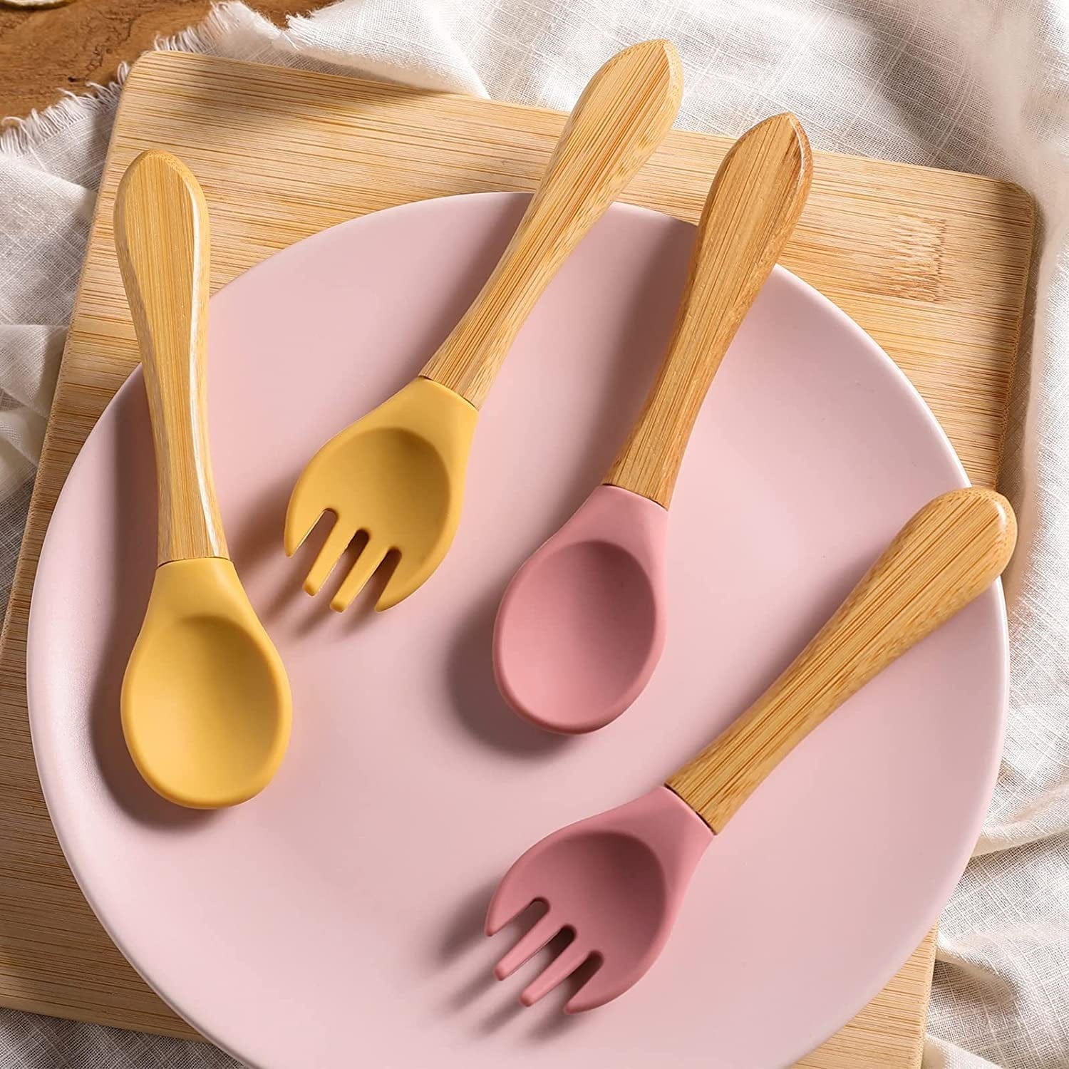 Cuillère et fourchette en silicone , Manche en bois Ref002