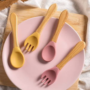 Cuillère et fourchette en silicone , Manche en bois Ref002