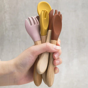 Cuillère et fourchette en silicone , Manche en bois Ref002