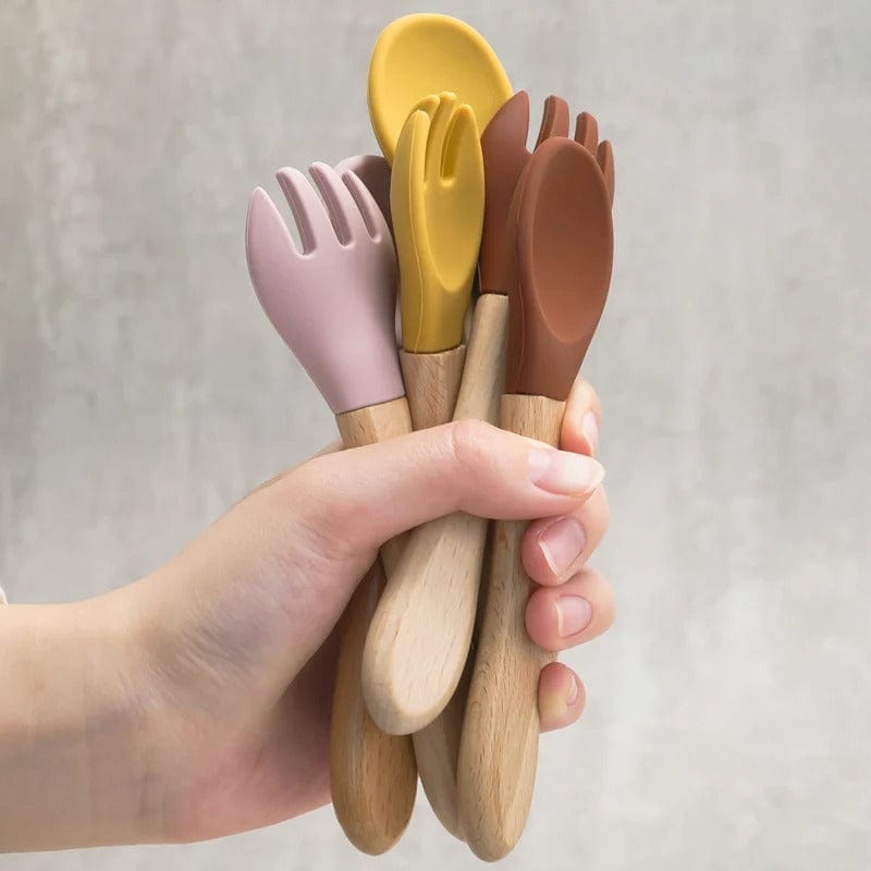 Cuillère et fourchette en silicone , Manche en bois Ref002