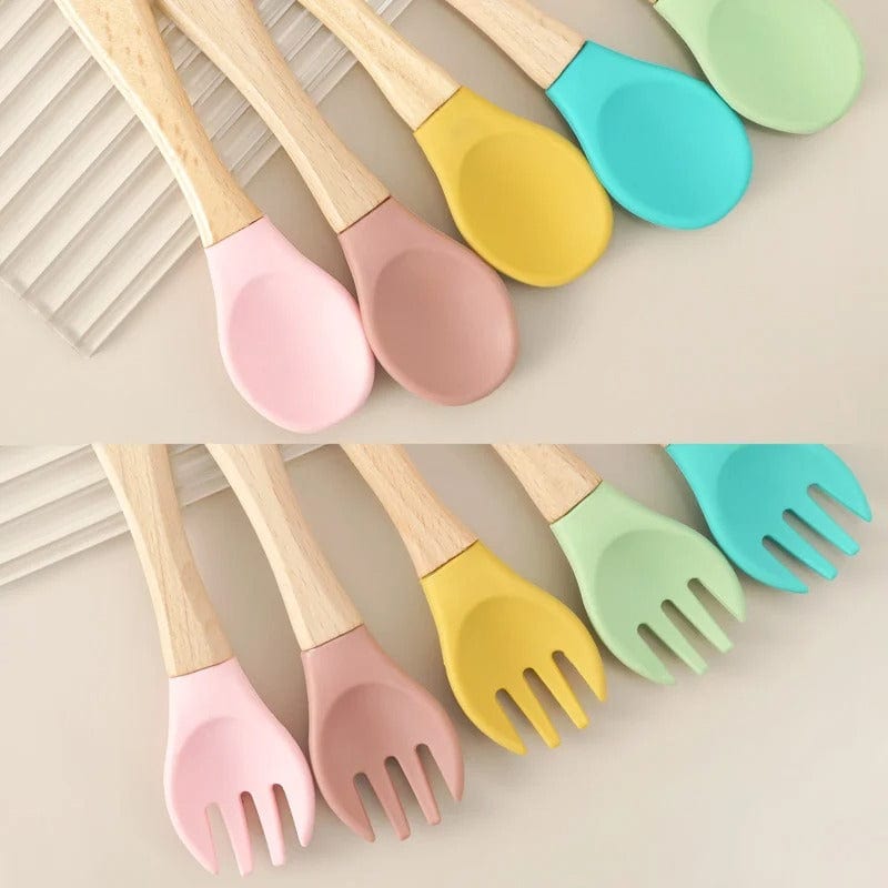 Cuillère et fourchette en silicone , Manche en bois Ref002