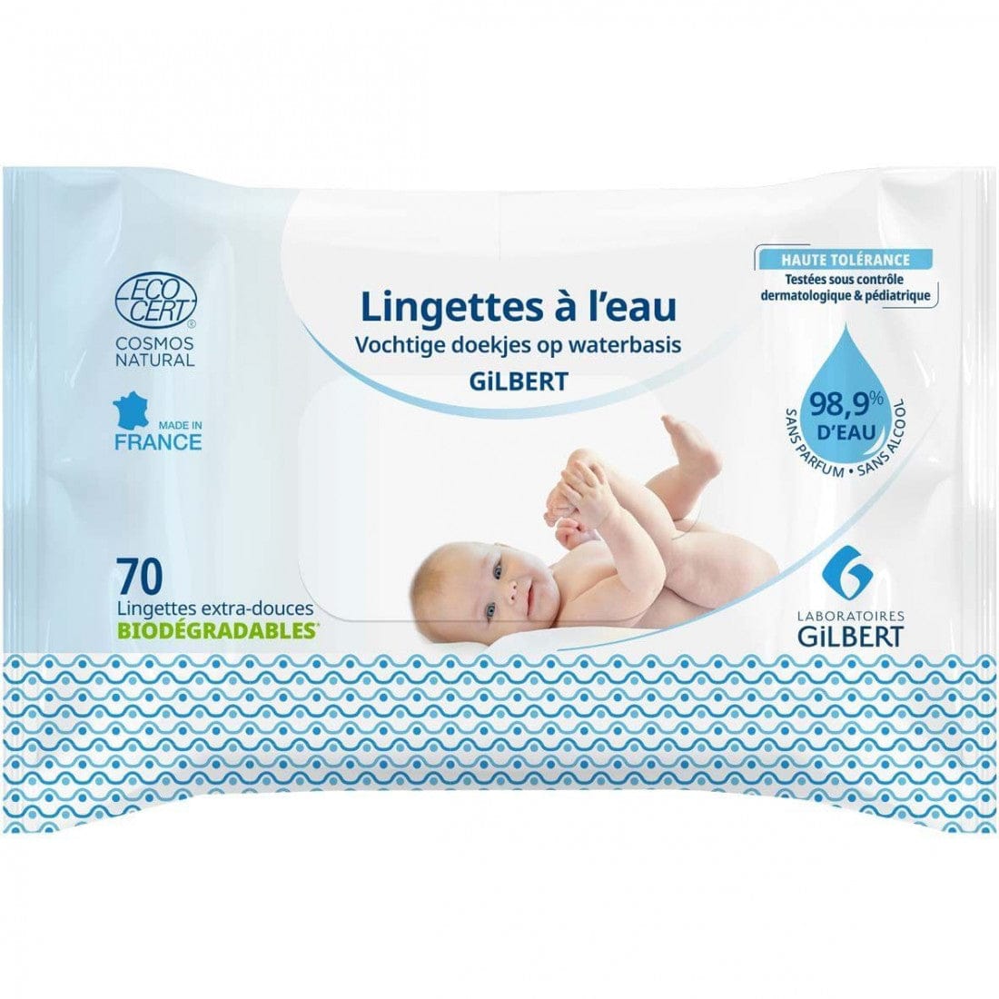 Gilbert Lingettes Bébé à l'Eau Pures 99.8%, Biodégradables, Ultra Douces, 70 Unités
