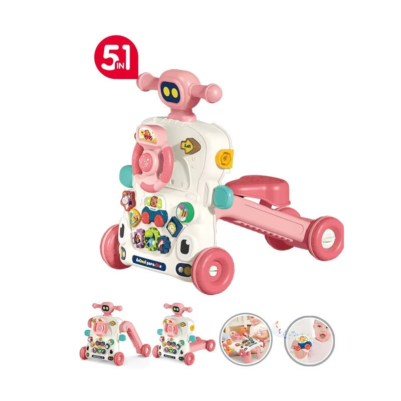 Baby Walker Musical 5 en 1 – Trotteur Bébé Sit-To-Stand avec Siège Rose