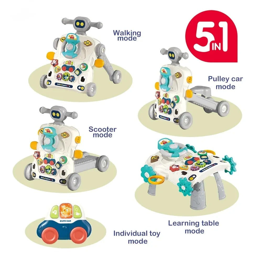 Baby Walker Musical 5 en 1 – Trotteur Bébé Sit-To-Stand avec Siège Gris