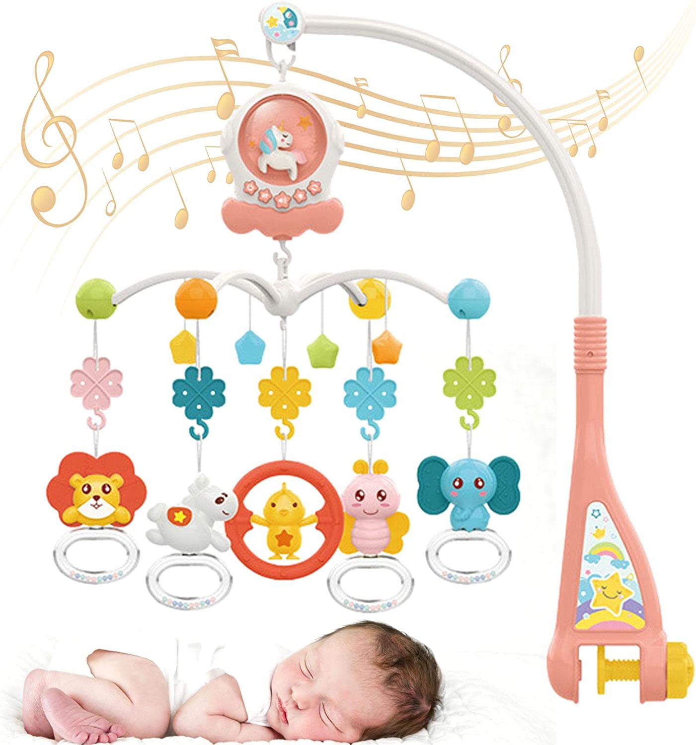 Mobile musical avec projecteur d'étoiles et hochets HUANGER -rose