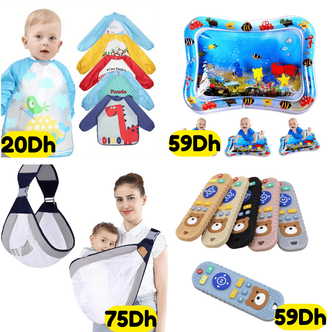 Pack Bébé 4 articles – Télécommande de dentition + Bavoir à manches + Tapis d’eau + Écharpe porte-bébé