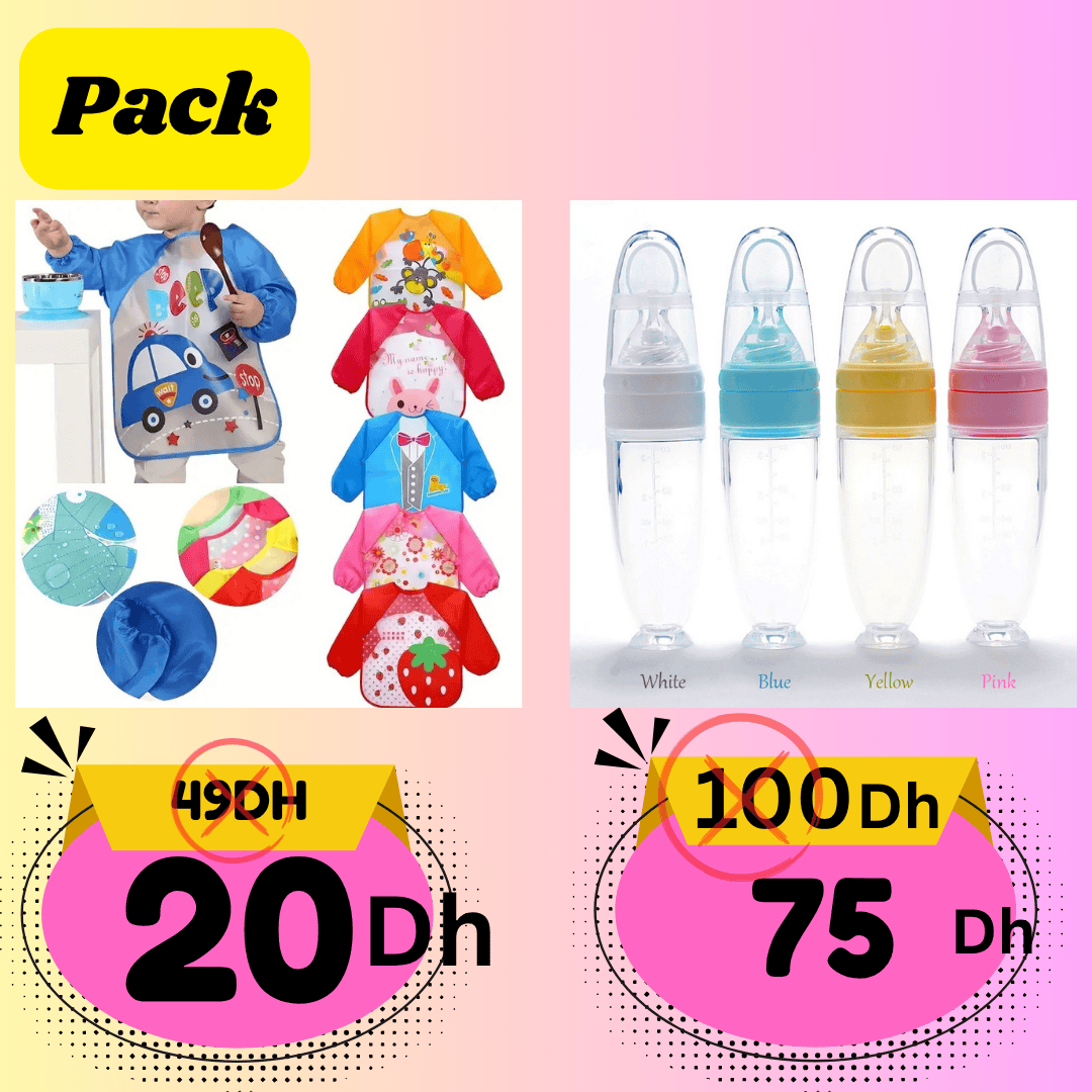 Pack Bébé – Biberon Silicone avec Cuillère + Bavoir à Manches Longues
