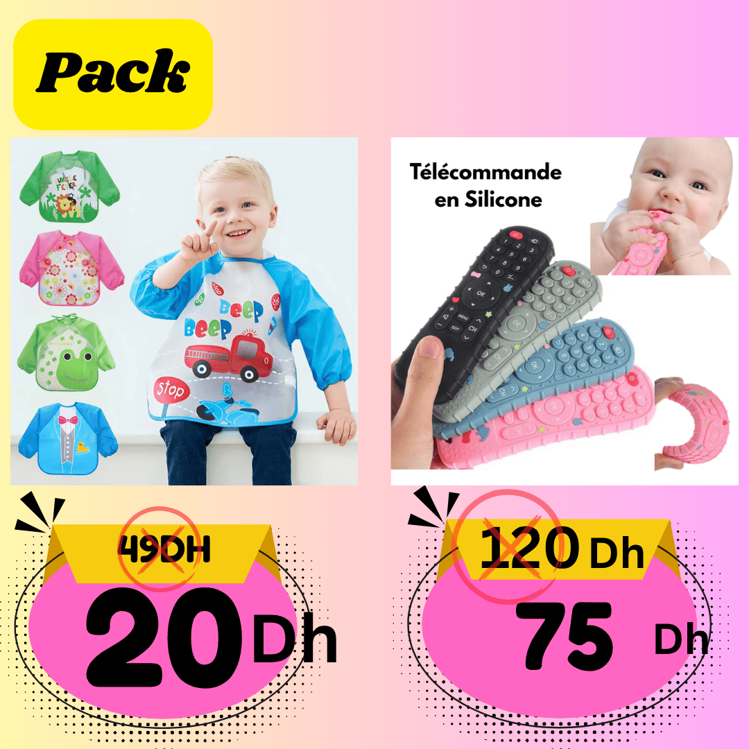 Pack Bébé – Télécommande Silicone Dentition + Bavoir à Manches Longues