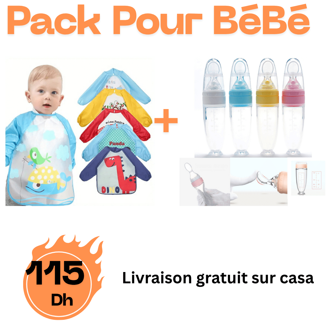 Pack Promo Bébé 2 en 1 – Bavoir Imperméable à Manches Longues + Biberon en Silicone avec Cuillère