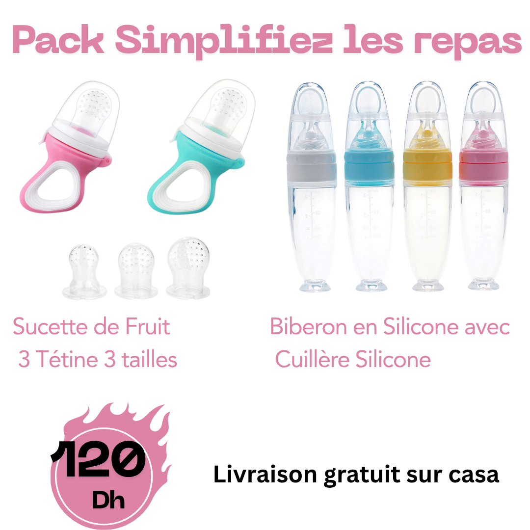 Pack Promo Bébé 2 en 1 – Biberon Silicone avec Cuillère + Sucette Fruit 3 Tétines