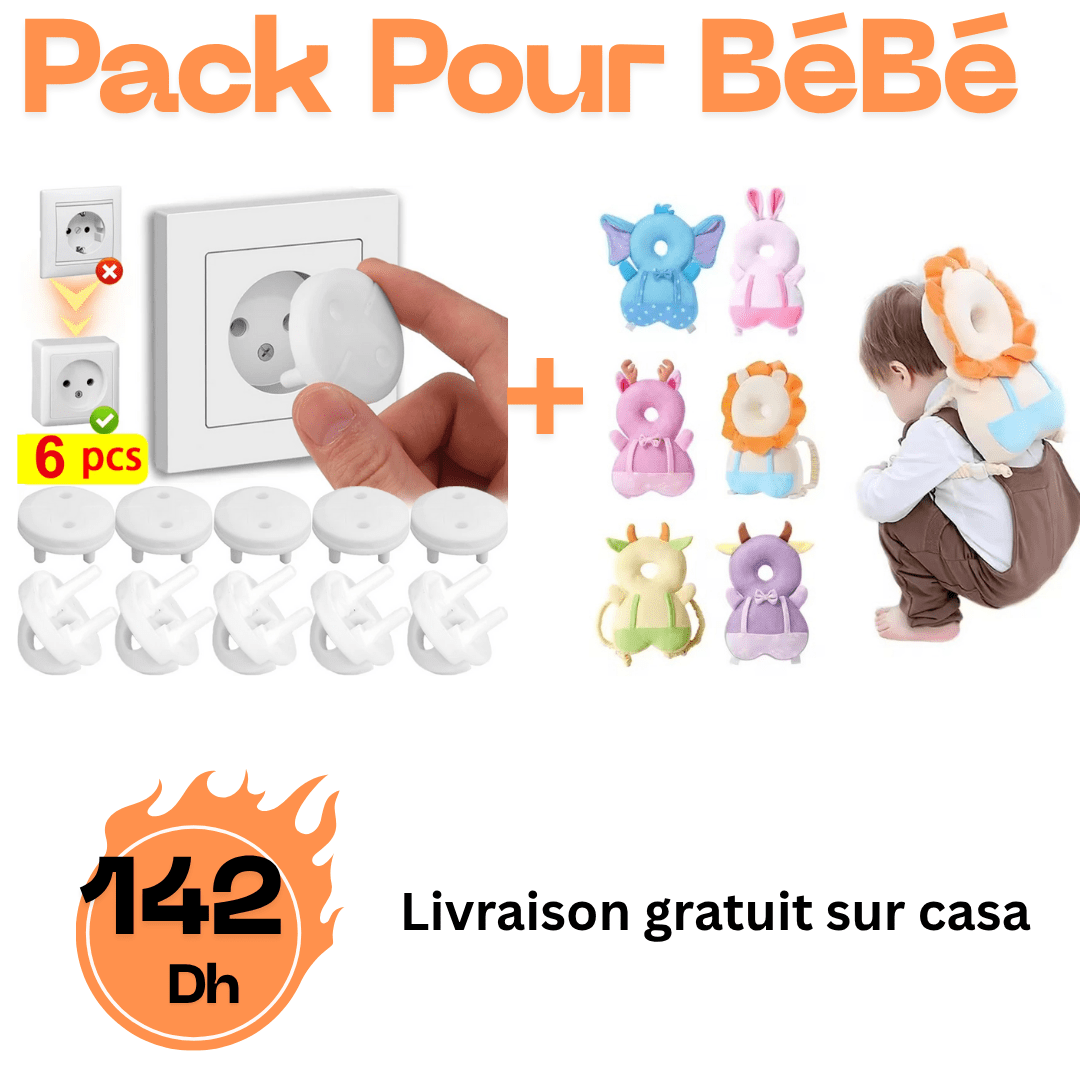 Pack Sécurité Bébé 2 en 1 – Coussin de Protection Tête & Dos + 6 Cache-Prises Beige