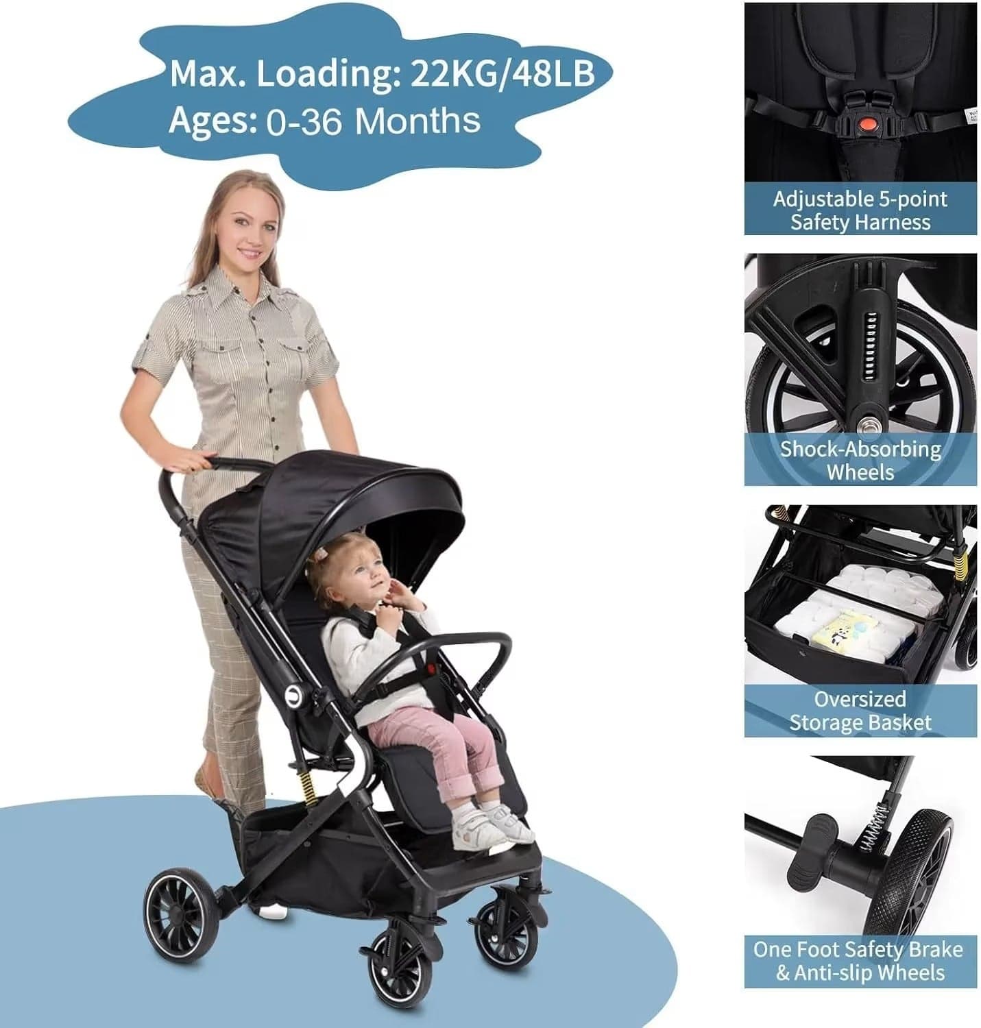 Poussette Bébé  Valise Pliable et Luxe – Voyage Facile et Confort Assuré Noir