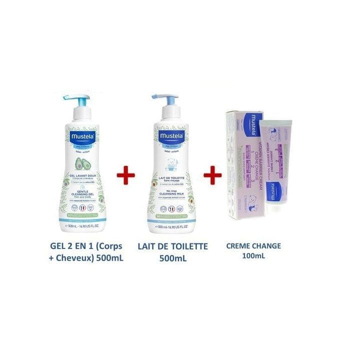Bain et soin de peau Mustela Bebe PACK LAIT DE TOILETTE (500ml) + GEL NETTOYANT 2EN1 (500ml)+CREME CHANGE (100ml) Produit_bebe_maroc