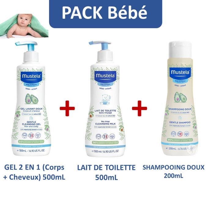Bain et soin de peau Mustela PACK de 3 produits ( LAIT - GEL  500ML) Shampooing Doux (200mL) Produit_bebe_maroc