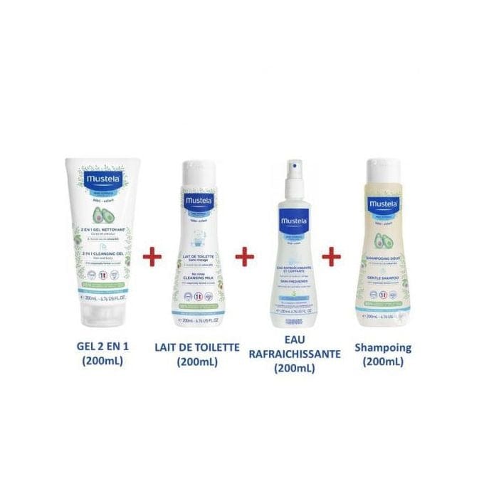 soins Bain & Toilette Bébé Mustela Pack de toilette bébé Mustela ( 4 produits)-Eau rafraichissante et coiffante Spray 200ml -Shampooing doux 200ml -2 en 1 Gel nettoyant 200ml -Lait de toilette 200ml Produit_bebe_maroc